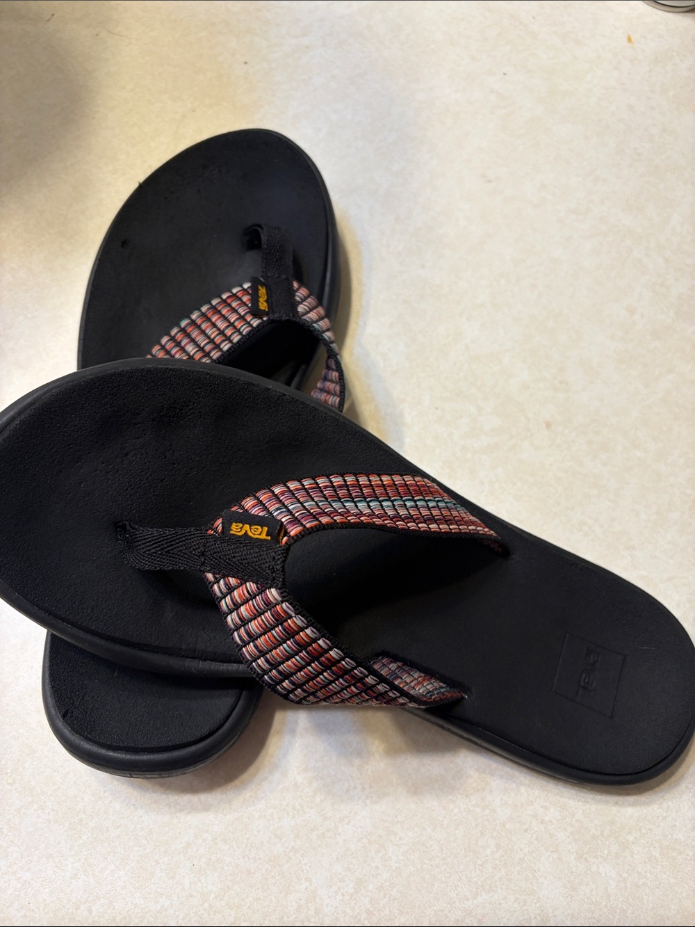 Teva Black Flip-Flops with Red-Tan Woven Straps - Picture 2 of 7